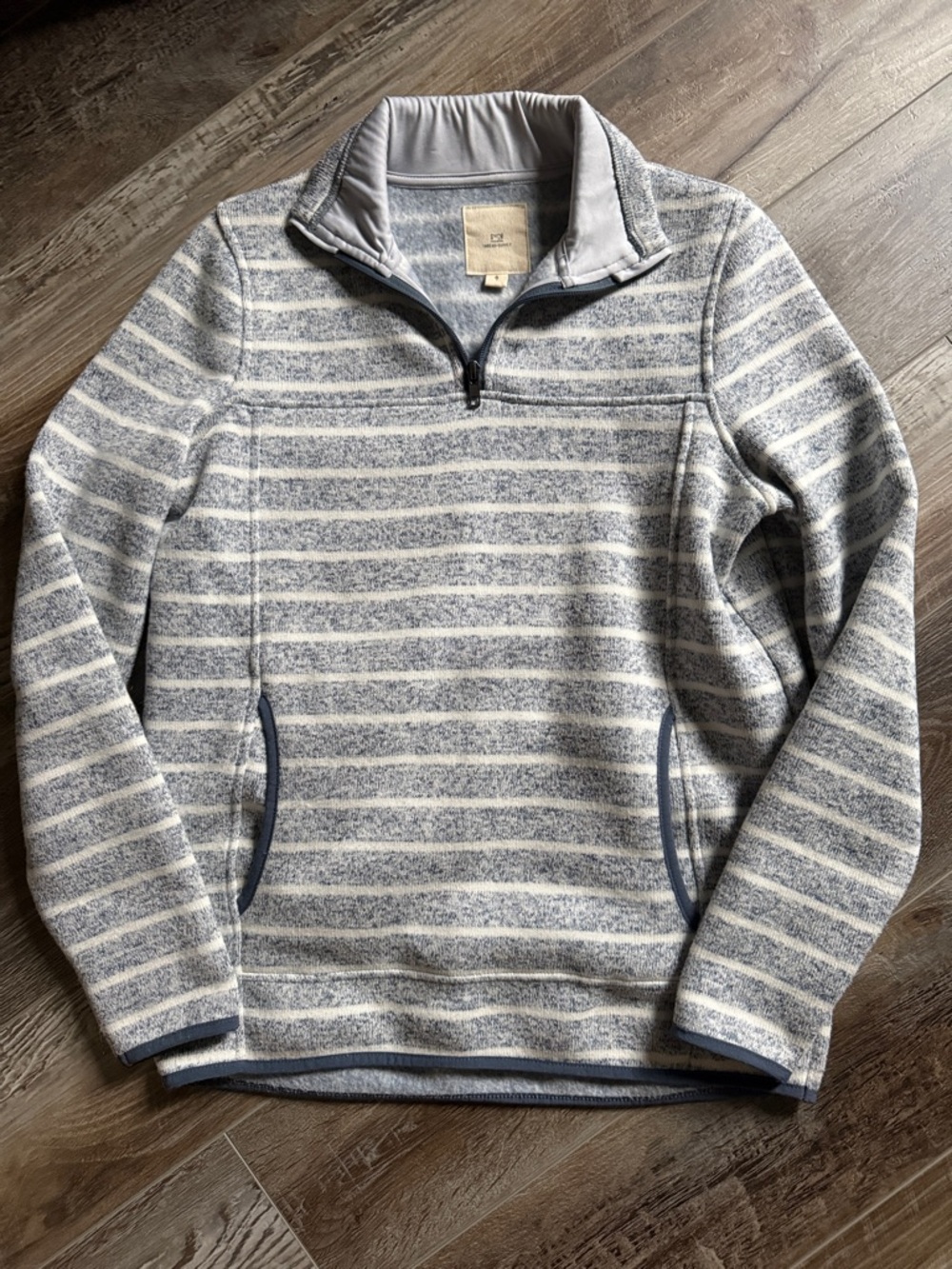 Thread & Supply Gray and White Striped Quarter-Zip Sweater